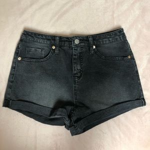 High wasted, faded, black denim shorts